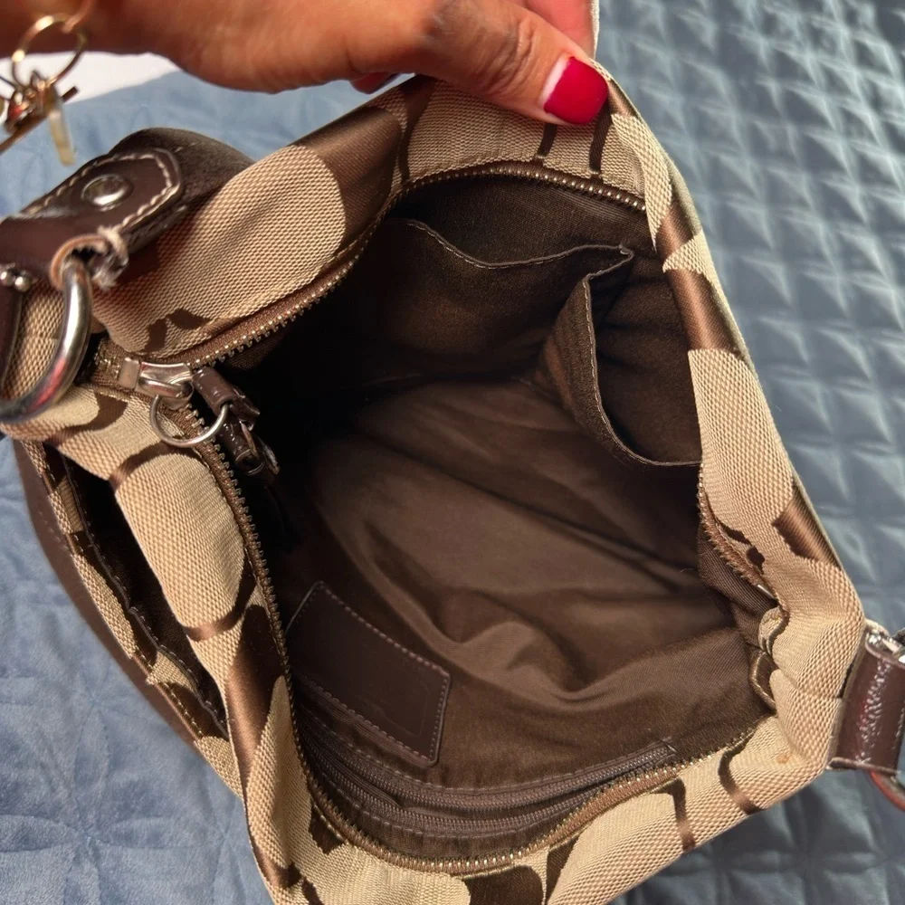 Coach Tan and Brown Crossbody Bag with Signature Monogram